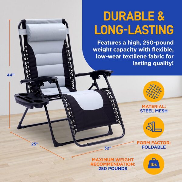 Outdoor Adjustable And Foldable Padded Zero Gravity Lawn Chair - Adjustable Recliners With Plastic Cup Holder Side Table And Pillow (Gray And Black) - Image 10