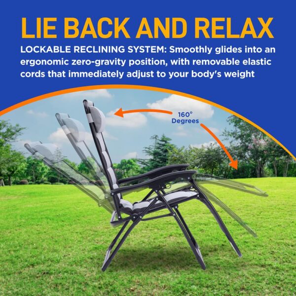 Outdoor Adjustable And Foldable Padded Zero Gravity Lawn Chair - Adjustable Recliners With Plastic Cup Holder Side Table And Pillow (Gray And Black) - Image 11