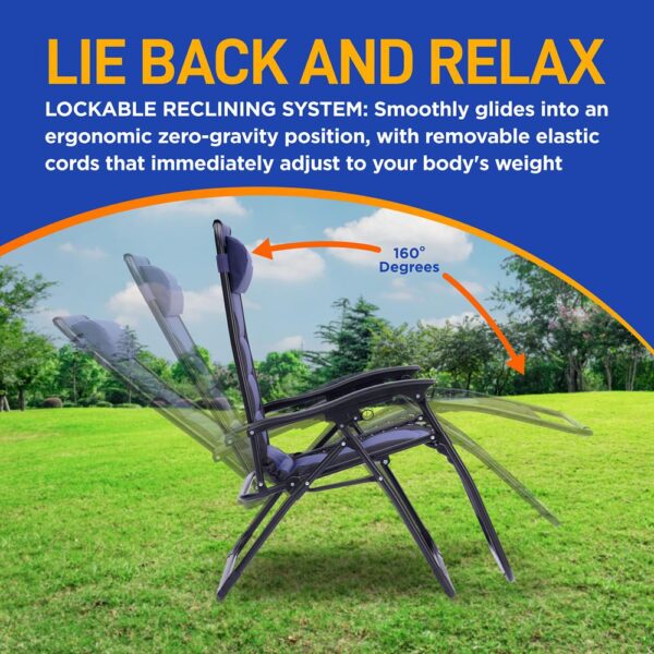 Outdoor Adjustable And Foldable Padded Zero Gravity Lawn Chair - Adjustable Recliners With Plastic Cup Holder Side Table And Pillow (Gray And Black) - Image 3