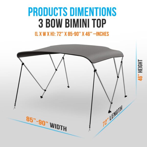 3 Bow Bimini Top - 2 Straps And 2 Rear Support Poles With Marine-Grade 600D Polyester Canvas (Gray) - Image 2