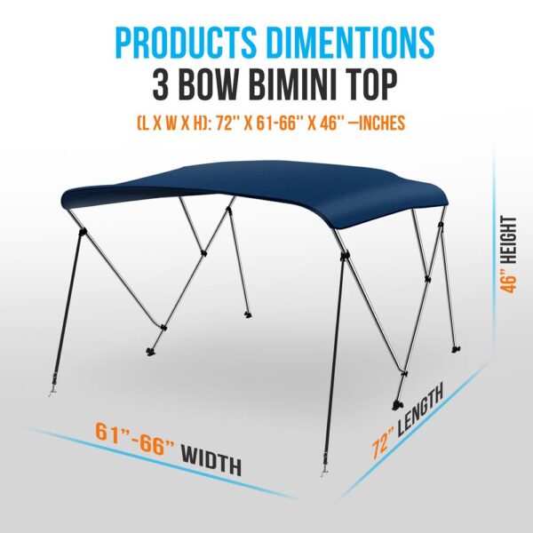3 Bow Bimini Top - 2 Straps And 2 Rear Support Poles With Marine-Grade 600D Polyester Canvas (Navy Blue) - Image 2