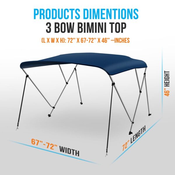 3 Bow Bimini Top - 2 Straps And 2 Rear Support Poles With Marine-Grade 600D Polyester Canvas (Navy Blue) - Image 2