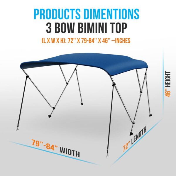 3 Bow Bimini Top - 2 Straps And 2 Rear Support Poles With Marine-Grade 600D Polyester Canvas (Royal Blue) - Image 2