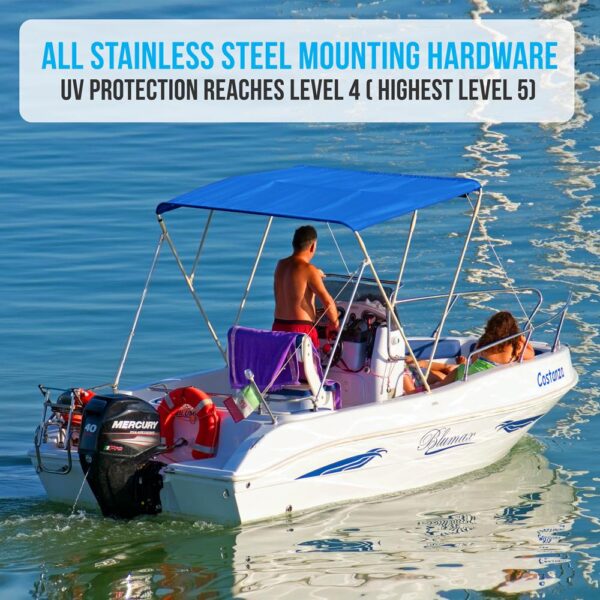 3 Bow Bimini Top - 2 Straps And 2 Rear Support Poles With Marine-Grade 600D Polyester Canvas (Royal Blue) - Image 5
