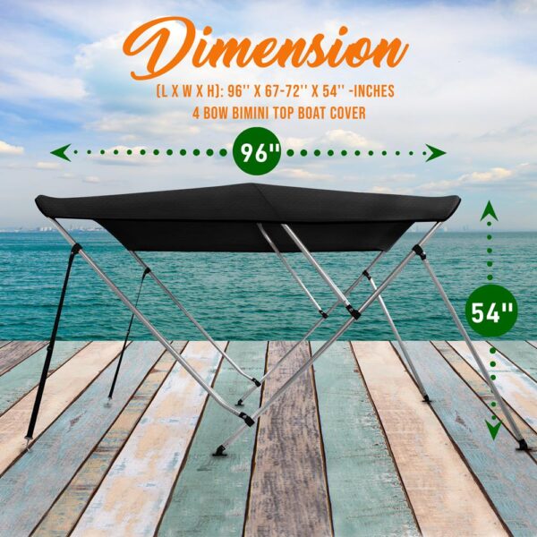 4 Bow Bimini Top Boat Cover - Front Hold-Down Straps And Rear Support Arms, Includes Mounting Hardware With 1 Inch Aluminum Frame (Gray) - Image 2