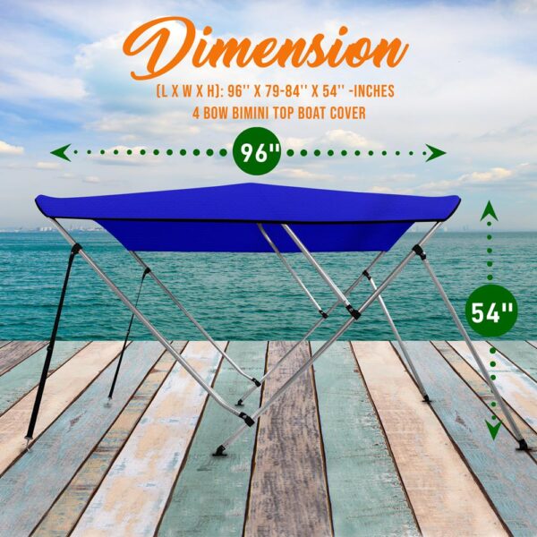 4 Bow Bimini Top Boat Cover - Front Hold-Down Straps And Rear Support Arms, Includes Mounting Hardware With 1 Inch Aluminum Frame (Blue) - Image 2