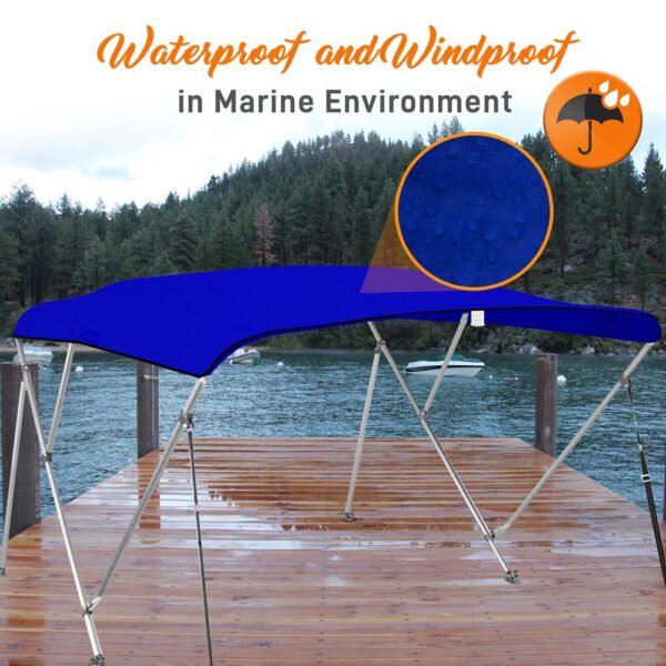 4 Bow Bimini Top Boat Cover - Front Hold-Down Straps And Rear Support Arms, Includes Mounting Hardware With 1 Inch Aluminum Frame (Blue) - Image 4