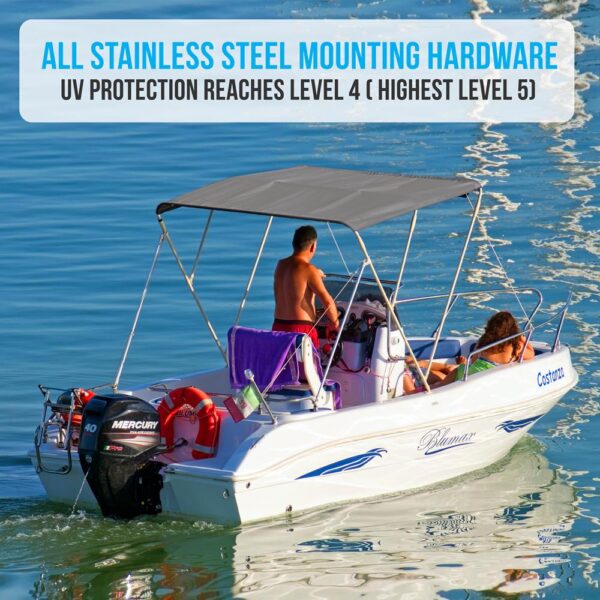 4 Bow Bimini Top - 2 Straps And 2 Rear Support Poles With Marine-Grade 600D Polyester Canvas (Gray) - Image 5