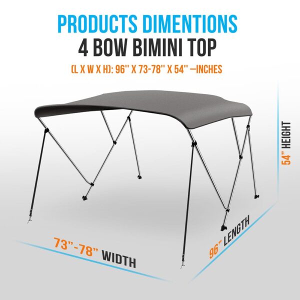 4 Bow Bimini Top - 2 Straps And 2 Rear Support Poles With Marine-Grade 600D Polyester Canvas (Gray) - Image 2