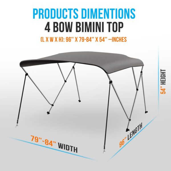 4 Bow Bimini Top - 2 Straps And 2 Rear Support Poles With Marine-Grade 600D Polyester Canvas (Gray) - Image 2