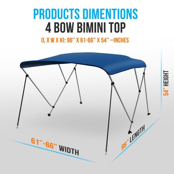 4 Bow Bimini Top - 2 Straps And 2 Rear Support Poles With Marine-Grade 600D Polyester Canvas (Royal Blue) - Image 2