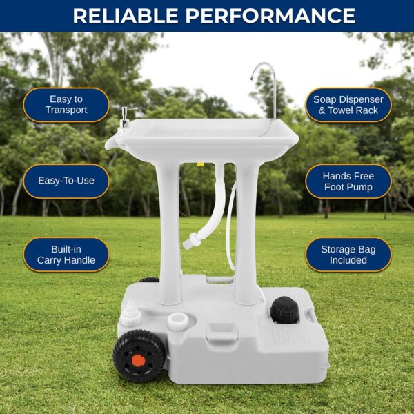 Wheeled Mobile Foot-Pump Hand Wash Stand - Water Faucet Washing Station (7+ Gal. Capacity) - Image 6