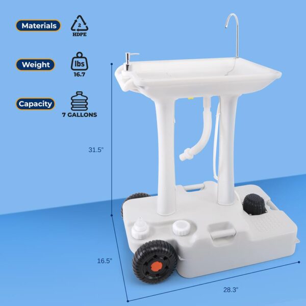 Wheeled Mobile Foot-Pump Hand Wash Stand - Water Faucet Washing Station (7+ Gal. Capacity) - Image 7