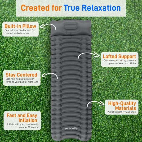 Ultralight Sleeping Pad + Carrying Bag - Lightweight, Self Inflating & Compact Sleeping Mat For Backpacking, Hiking Air Mattress (Gray) - Image 2