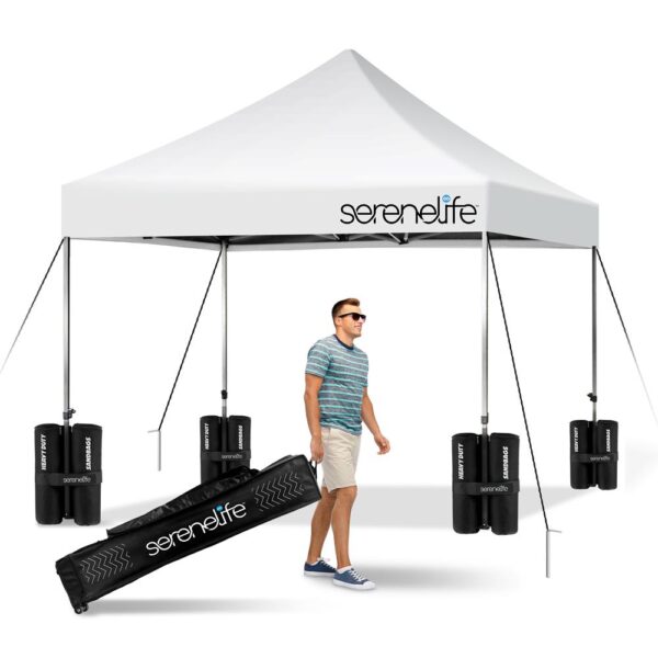 Pop Up Tent Commercial Instant Shelter - Waterproof Polyester Tent With Portable Wheeled Carry Bag And Sand Bag, 10 X 10 Ft. (White)