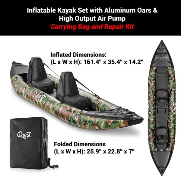 2-Person Inflatable Kayak Set With Aluminum Oars And High Output Air Pump, Carrying Bag And Repair Kit (Camo) - Image 6