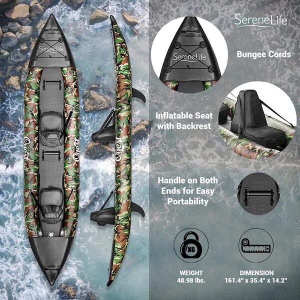 2-Person Inflatable Kayak Set With Aluminum Oars And High Output Air Pump, Carrying Bag And Repair Kit (Camo) - Image 7