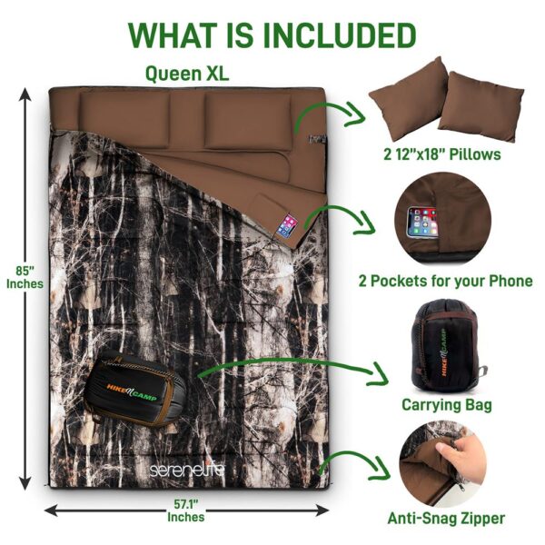 Double Sleeping Bag With Two Pillows- Lightweight & Waterproof Sleeping Bag For Adults Or Teens, For Camping, Backpacking Or Hiking, Includes Carrying Bag (Real Trees) - Image 3