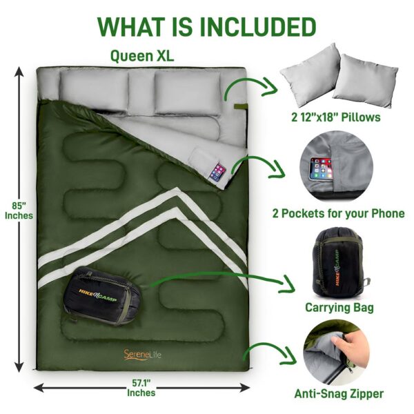 Double Sleeping Bag With Two Pillows- Lightweight & Waterproof Sleeping Bag For Adults Or Teens, For Camping, Backpacking Or Hiking, Includes Carrying Bag - Image 8