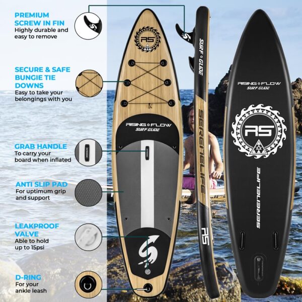 Rising Flow Inflatable Paddleboard Isup - Stand Up Water Paddle-Board W/ Accessories (Wood) - Image 2