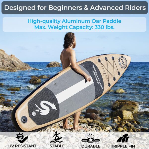 Rising Flow Inflatable Paddleboard Isup - Stand Up Water Paddle-Board W/ Accessories (Wood) - Image 3