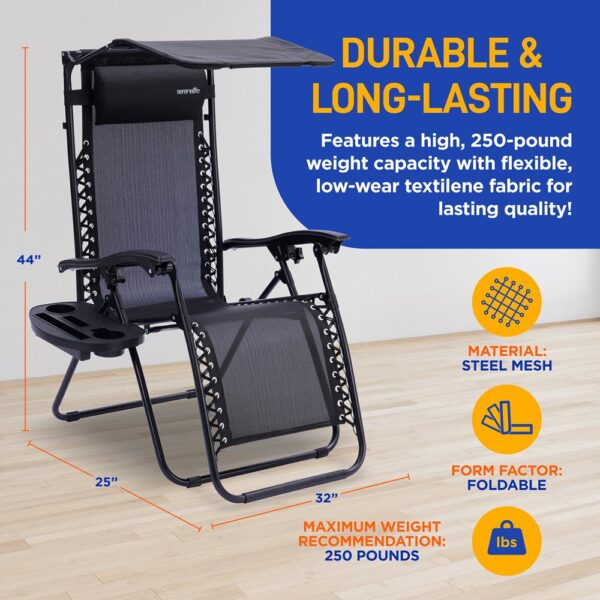 Outdoor Adjustable And Foldable Zero Gravity Lounge Chair Recliners With Canopy, Plastic Cup Holder Side Table And Pillow, 2 Pack, (Black) - Image 2