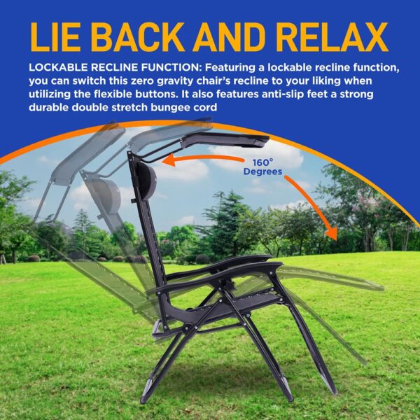 Outdoor Adjustable And Foldable Zero Gravity Lounge Chair Recliners With Canopy, Plastic Cup Holder Side Table And Pillow, 2 Pack, (Black) - Image 3