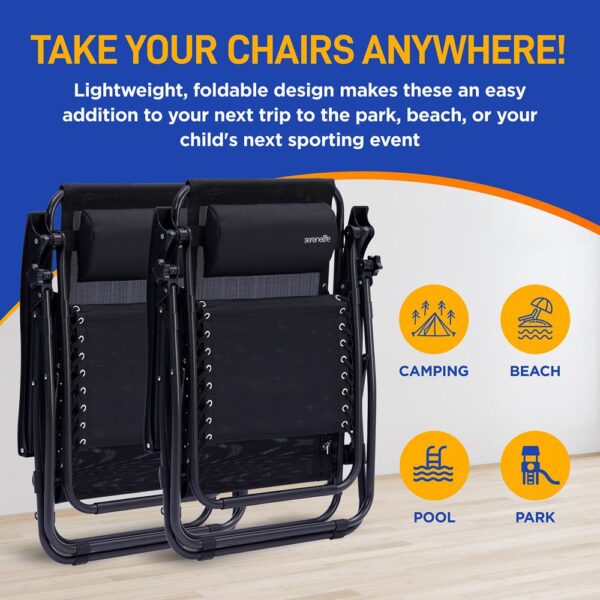 Outdoor Adjustable And Foldable Zero Gravity Lounge Chair Recliners With Canopy, Plastic Cup Holder Side Table And Pillow, 2 Pack, (Black) - Image 5