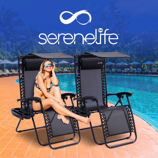 Outdoor Adjustable And Foldable Zero Gravity Lounge Chair Recliners With Canopy, Plastic Cup Holder Side Table And Pillow, 2 Pack, (Black) - Image 7