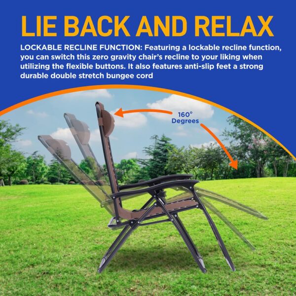 Outdoor Adjustable Zero Gravity Lounge Chair Recliners With Plastic Cup Holder Side Table And Padded Headrest Pillows, 2 Pack, (Blue) - Image 3