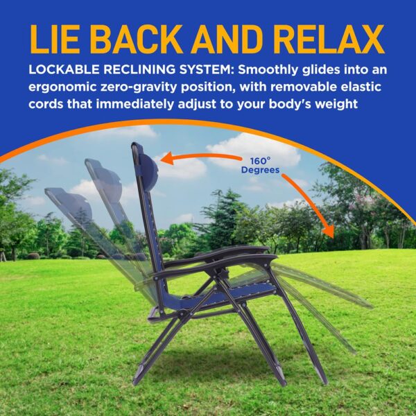 Outdoor Adjustable Zero Gravity Lounge Chair Recliners With Table And Padded Headrest Pillows, 2 Pack, (Navy Blue) - Image 3